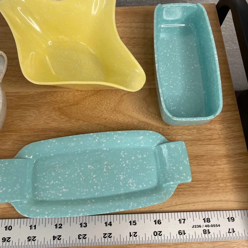Vintage MCM Melamine Confetti Serving Set Turquoise Yellow White 5pc Speckled
